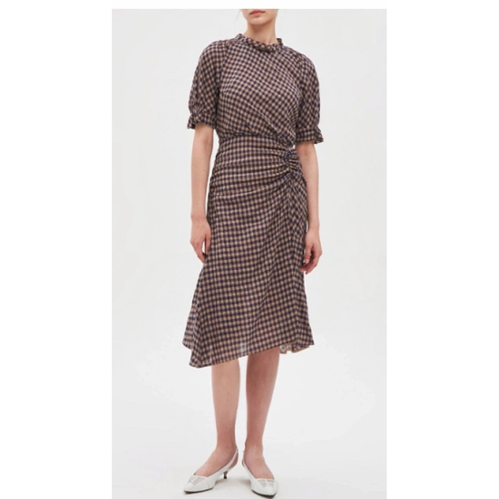 MINE Gingham Midi Dress Women Small Orange Blue Ruched Puff‎ Sleeve Preppy Retro